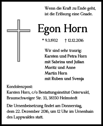 Traueranzeige von Egon Horn von Helmstedter Nachrichten