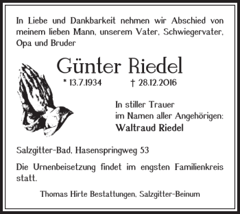 Traueranzeige von Günter Riedel von Salzgitter Zeitung