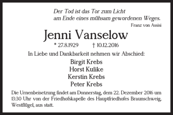 Traueranzeige von Jenni Vanselow von Braunschweiger Zeitung