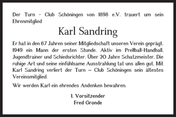 Traueranzeige von Karl Sandring von Helmstedter Nachrichten