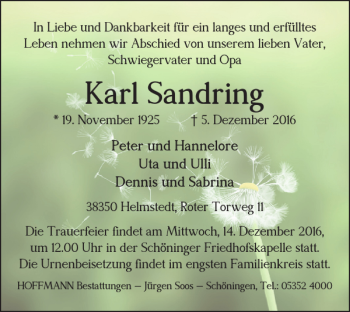 Traueranzeige von Karl Sandring von Helmstedter Nachrichten