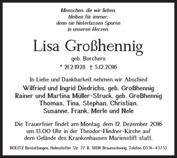 Traueranzeige von Lisa Großhennig von Braunschweiger Zeitung