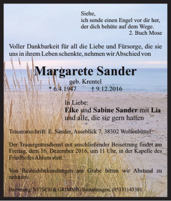 Traueranzeige von Margarete Sander von Wolfenbütteler Zeitung