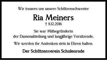 Traueranzeige von Ria Meiners von Wolfenbütteler Zeitung