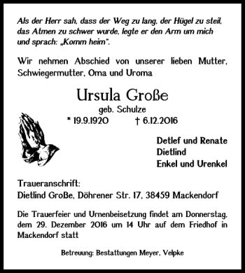 Traueranzeige von Ursula Große von Helmstedter Nachrichten