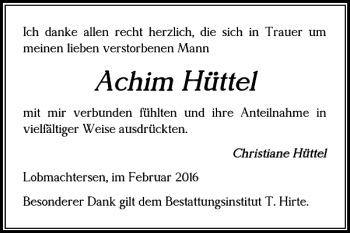 Traueranzeige von Achim Hüttel von Salzgitter Zeitung