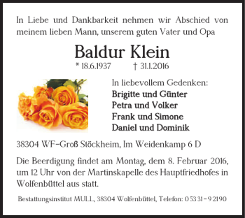 Traueranzeige von Baldur Klein von Wolfenbütteler Zeitung