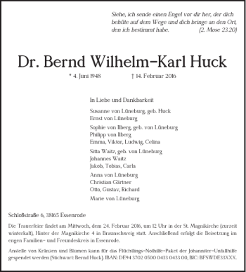 Traueranzeige von Dr. Bernd Wilhelm-Karl Huck von Braunschweiger Zeitung