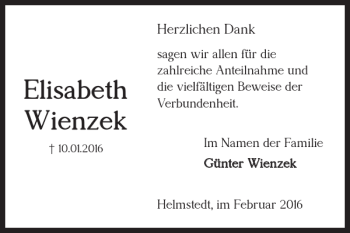 Traueranzeige von Elisabeth Wienzek von Helmstedter Nachrichten