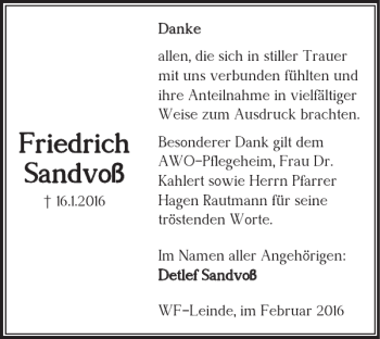 Traueranzeige von Friedrich Sandvoß von Salzgitter Zeitung