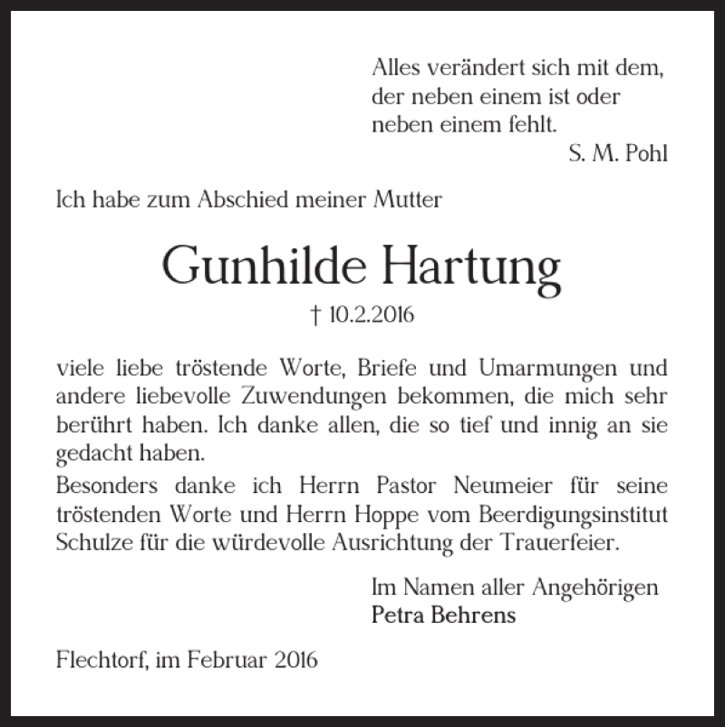 Traueranzeigen Von Gunhilde Hartung | Trauer38.de