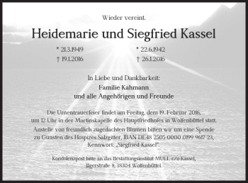 Traueranzeige von Heidemarie und Siegfried Kassel von Wolfenbütteler Zeitung