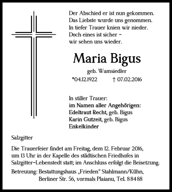 Traueranzeige von Maria Bigus von Salzgitter Zeitung