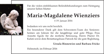 Traueranzeige von Maria-Magdalene Wienziers von Helmstedter Nachrichten