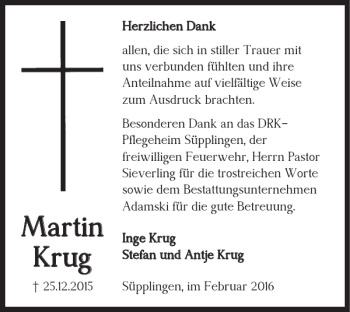 Traueranzeige von Martin Krug von Helmstedter Nachrichten