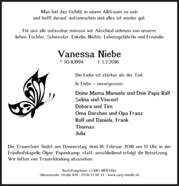 Traueranzeige von Vanessa Niebe von Braunschweiger Zeitung