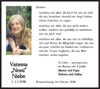 Traueranzeige von Vanessa Nessi Niebe von Braunschweiger Zeitung