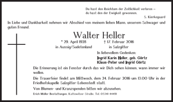 Traueranzeige von Walter Heller von Salzgitter Zeitung