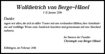 Traueranzeige von Wolfdietrich von Berge-Hänel von Wolfenbütteler Zeitung