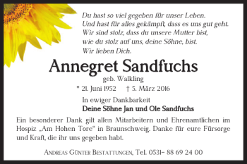 Traueranzeige von Annegret Sandfuchs Ann von Braunschweiger Zeitung