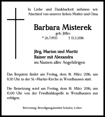 Traueranzeige von Barbara Misterek von Braunschweiger Zeitung