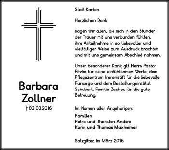 Traueranzeige von Barbara Zollner von Salzgitter Zeitung