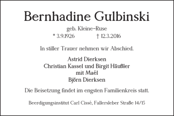 Traueranzeige von Bernhadine Gulbinski von Braunschweiger Zeitung