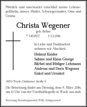 Traueranzeige von Christa Wegener von Wolfenbütteler Zeitung