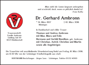 Traueranzeige von Dr. Gerhard Ambronn von Helmstedter Nachrichten