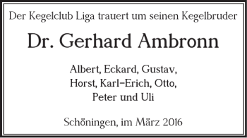 Traueranzeige von Dr. Gerhard Ambronn von Helmstedter Nachrichten