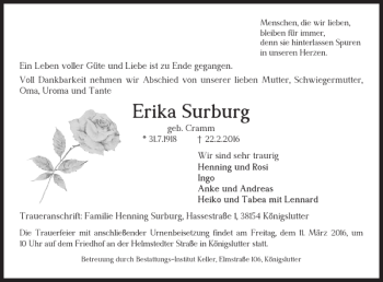 Traueranzeige von Erika Surburg von Helmstedter Nachrichten