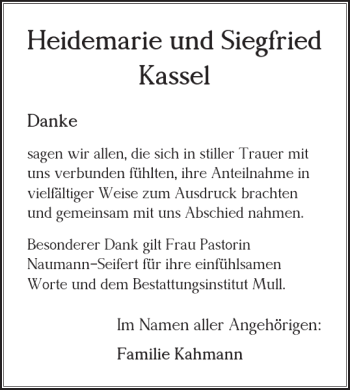 Traueranzeige von Heidemarie und Siegfried Kassel von Wolfenbütteler Zeitung