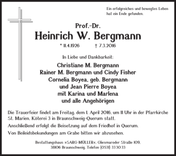 Traueranzeige von Heinrich W. Bergmann von Braunschweiger Zeitung