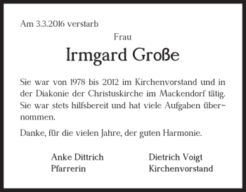 Traueranzeige von Irmgard Große von Helmstedter Nachrichten