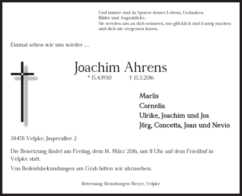 Traueranzeigen von Joachim Ahrens | trauer38.de