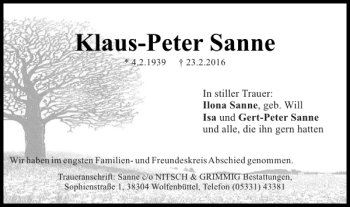 Traueranzeige von Klaus-Peter Sanne von Braunschweiger Zeitung