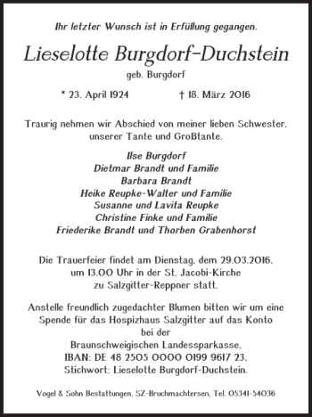 Traueranzeige von Lieselotte Burgdorf-Duchstein von Salzgitter Zeitung