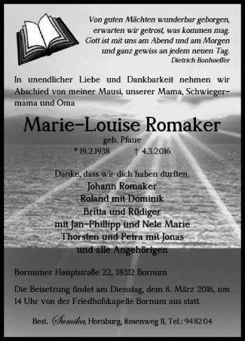 Traueranzeige von Marie-Louise Romaker von Braunschweiger Zeitung