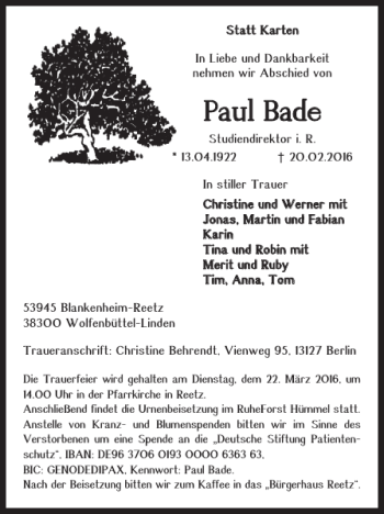 Traueranzeige von Paul Bade von Wolfenbütteler Zeitung