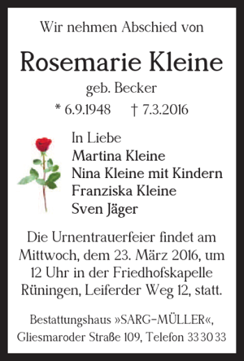 Traueranzeige von Rosemarie Kleine von Braunschweiger Zeitung