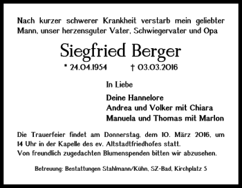 Traueranzeige von Siegfried Berger von Salzgitter Zeitung