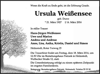 Traueranzeige von Ursula Weißensee von Helmstedter Nachrichten