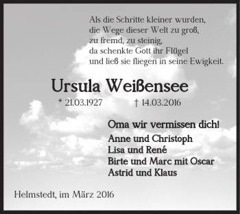 Traueranzeige von Ursula Weißensee von Helmstedter Nachrichten