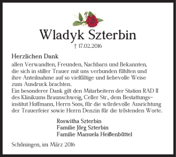 Traueranzeige von Wladyk Szterbin von Helmstedter Nachrichten