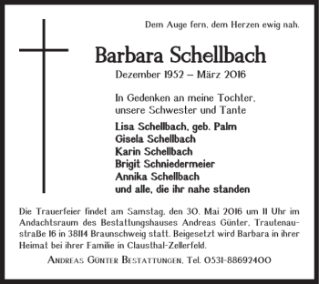 Traueranzeige von Barbara Schellbach von Braunschweiger Zeitung