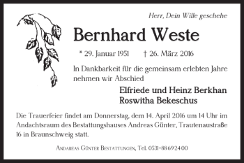 Traueranzeige von Bernhard Weste von Braunschweiger Zeitung