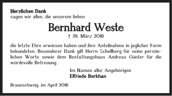 Traueranzeige von Bernhard Weste von Braunschweiger Zeitung