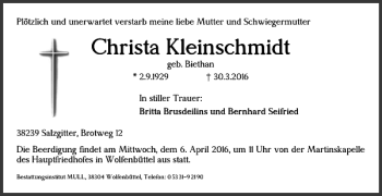 Traueranzeige von Christa Kleinschmidt von Wolfenbütteler Zeitung