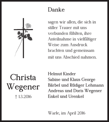 Traueranzeige von Christa Wegener von Wolfenbütteler Zeitung