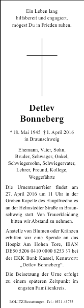 Traueranzeige von Detlev Bonneberg von Braunschweiger Zeitung